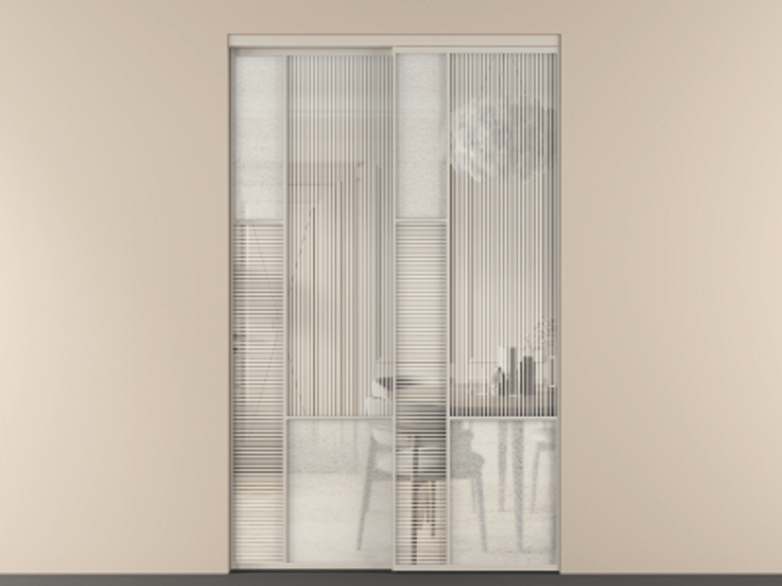 Перегородка Mosaic внутри проёма двустворчатая АЛПР 041.13 Алюминий светло-бежевый Рифлёное стекло "Дюна", триплекс, 6 мм + Фактурное стекло "Лёд", триплекс, 6 мм.  Цена 255400 ₽ . Фабрика дверей Волховец 8 (800) 551 43 19  Перегородка Mosaic внутри проёма двустворчатая АЛПР 041.13 Алюминий светло-бежевый Рифлёное стекло "Дюна", триплекс, 6 мм + Фактурное стекло "Лёд", триплекс, 6 мм Цена 255400 ₽ | Volhovec