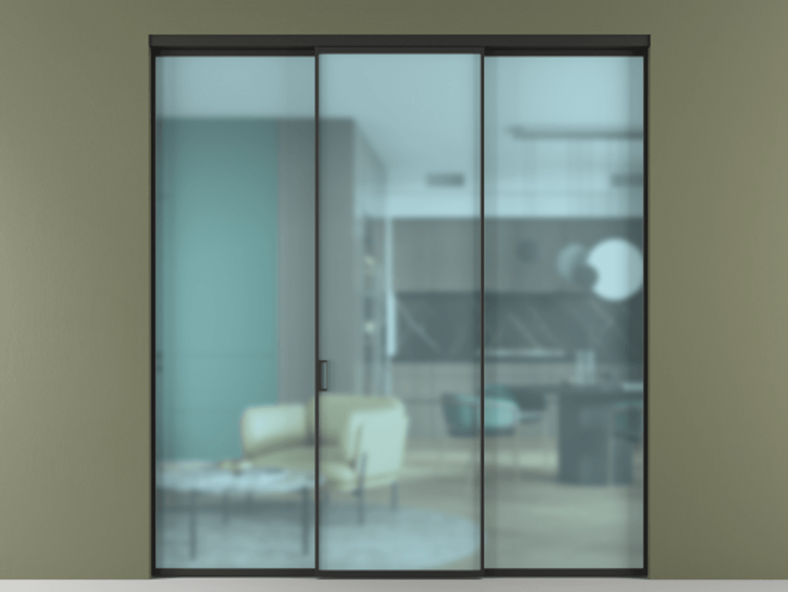 Перегородка Formato внутри проёма трёхстворчатая АЛПР 040.01 Алюминий Черный Сатинированное голубое стекло, триплекс, 6мм Цена 223760 ₽ | Volhovec