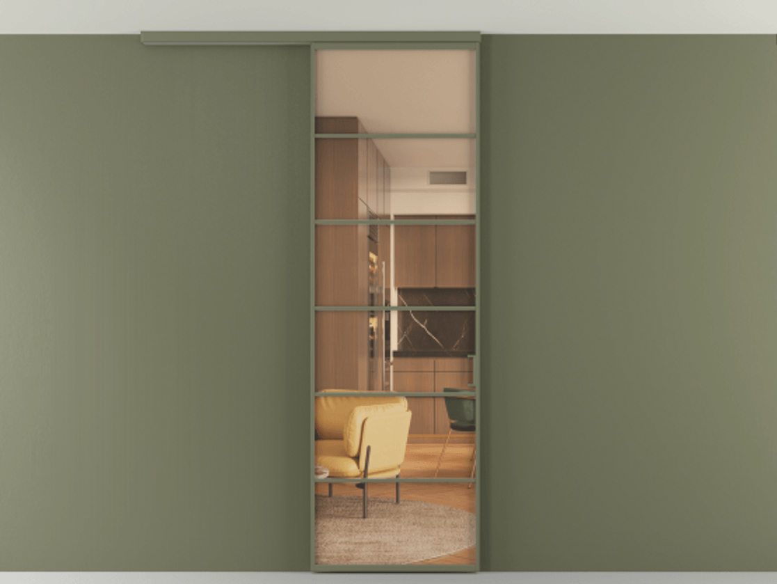 Перегородка Формато вдоль стены на потолок 1 створка АЛПР 040.04 Алюминий оливковый тёмный Прозрачное оранжевое стекло, триплекс Цена 113250 ₽ | Volhovec