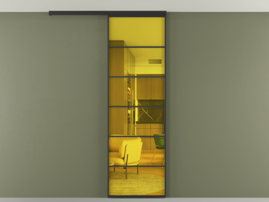 Перегородка Формато вдоль стены на потолок 1 створка АЛПР 040.04 Алюминий Черный Прозрачное жёлтое стекло, триплекс Цена 108810 ₽ | Volhovec