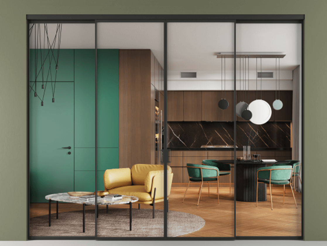 Перегородка Формато внутри проёма 4 створки АЛПР 040.01 Алюминий Черный Прозрачное стекло "Кристал Вижн", калёное Цена 349610 ₽  | Volhovec