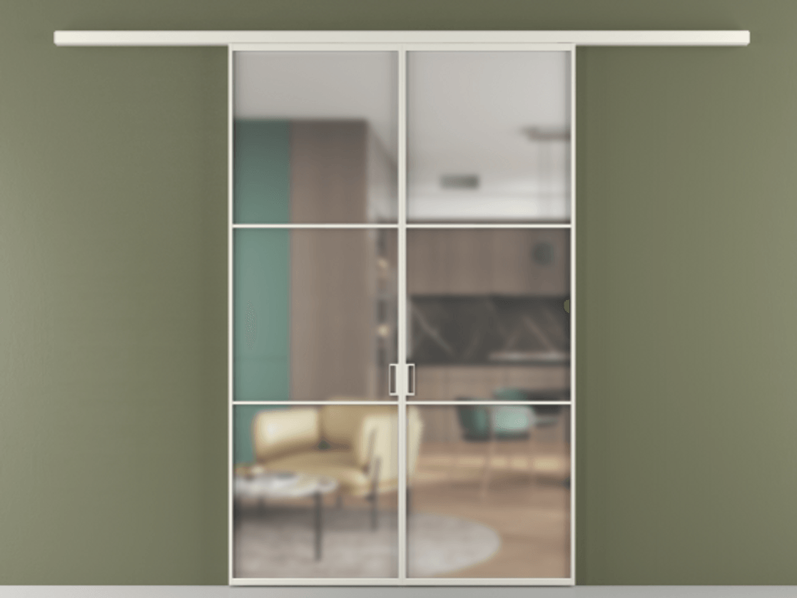 Перегородка Формато вдоль стены 2 створки АЛПР 040.03 Алюминий Белый Сатинированное стекло "Мателюкс Кристал Вижн", калёное, матовое, каленое 6 мм Цена 218300 ₽ | Volhovec