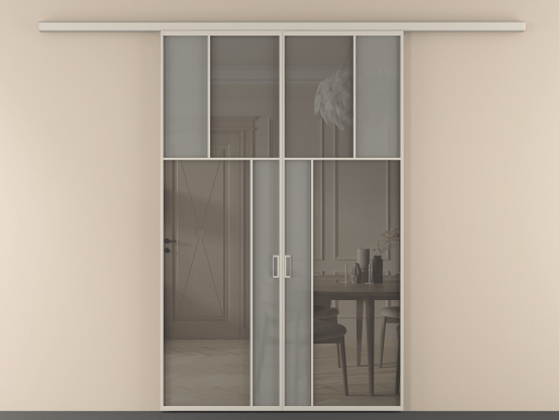 Перегородка Mosaic вдоль стены двустворчатая АЛПР 041.22 Алюминий светло-бежевый Сатинированное серое стекло, триплекс, 6 мм + Прозрачное серое стекло, триплекс, 6 мм.  Цена 262120 ₽ . Фабрика дверей Волховец 8 (800) 551 43 19  Перегородка Mosaic вдоль стены двустворчатая АЛПР 041.22 Алюминий светло-бежевый Сатинированное серое стекло, триплекс, 6 мм + Прозрачное серое стекло, триплекс, 6 мм Цена 262120 ₽ | Volhovec