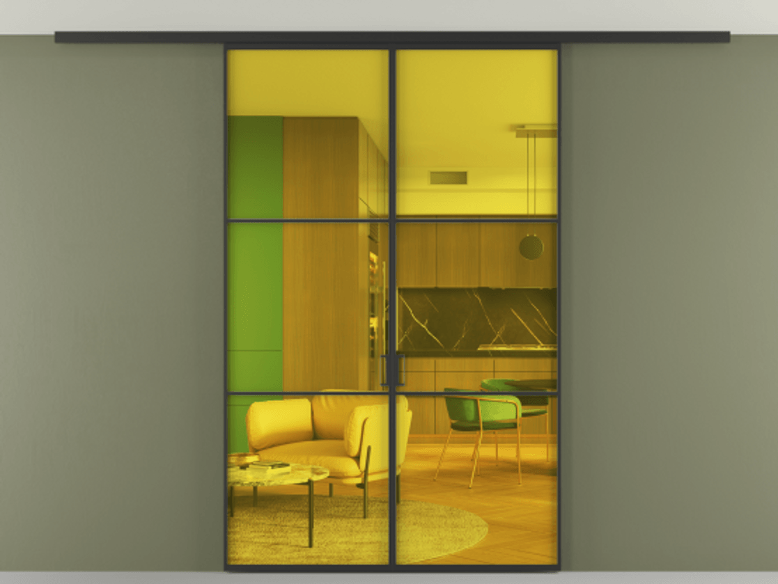 Перегородка Формато вдоль стены на потолок 2 створки АЛПР 040.03 Алюминий Черный Прозрачное жёлтое стекло, триплекс Цена 196810 ₽ | Volhovec