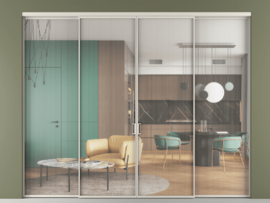 Перегородка Формато внутри проёма 4 створки АЛПР 040.01 Алюминий облачно-серый Рифлёное стекло "Мору", триплекс Цена 362710 ₽  | Volhovec