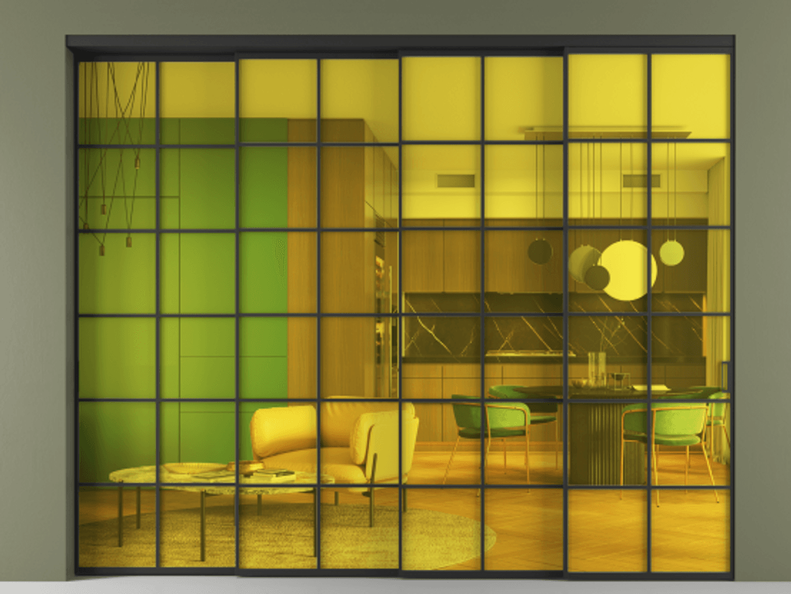 Перегородка Formato внутри проёма 4 створки с синхронным механизмом АЛПР 040.05 Алюминий Черный Прозрачное жёлтое стекло, триплекс Цена 489070 ₽ | Volhovec