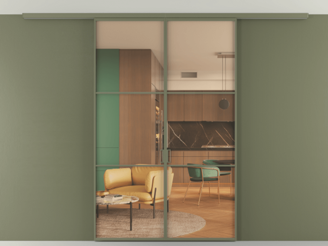 Перегородка Формато вдоль стены на потолок 2 створки АЛПР 040.03 Алюминий оливковый тёмный Прозрачное оранжевое стекло, триплекс Цена 204620 ₽ | Volhovec