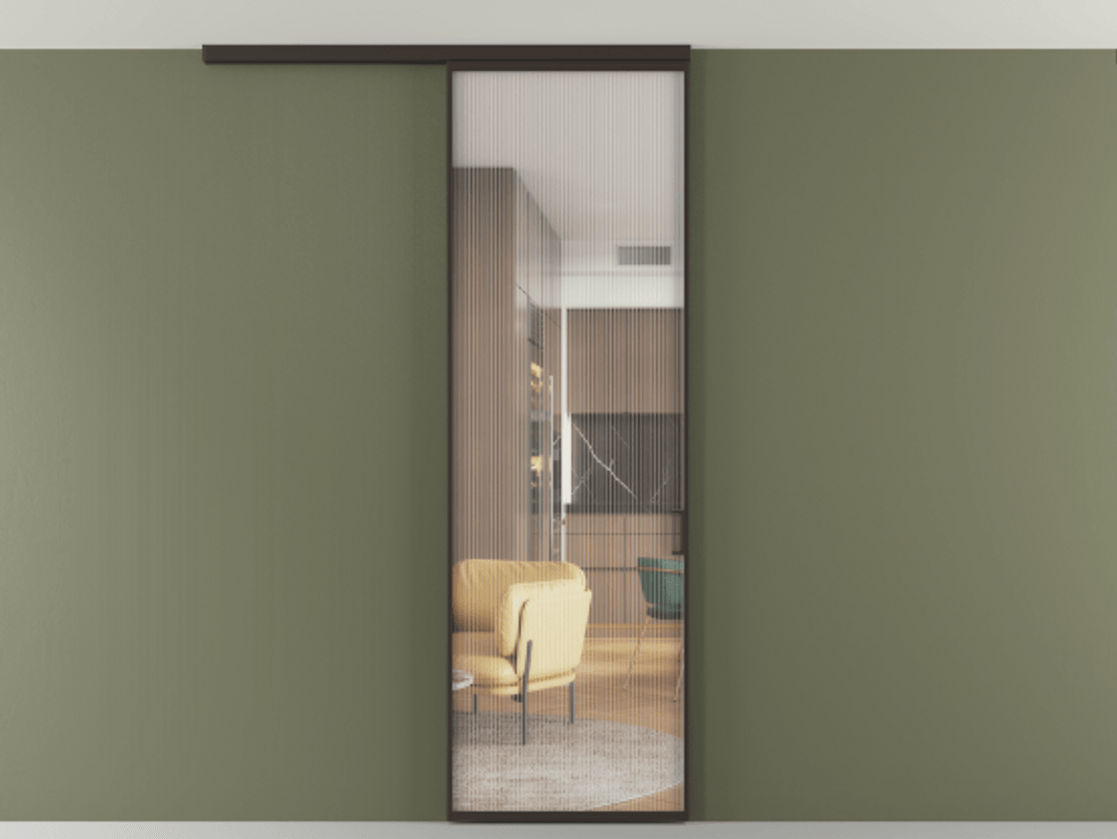 Перегородка Formato вдоль стены на потолок 1 створка АЛПР 040.01 Алюминий антрацит Рифлёное стекло "Moru", триплекс Цена 107770 ₽ | Volhovec