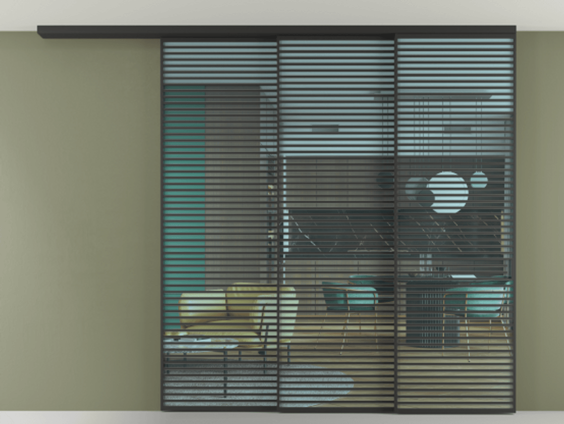 Перегородка Formato вдоль стены на потолок 3 створки с синхронным механизмом АЛПР 040.07 Алюминий Черный Прозрачное голубое стекло, триплекс Цена 654860 ₽ | Volhovec