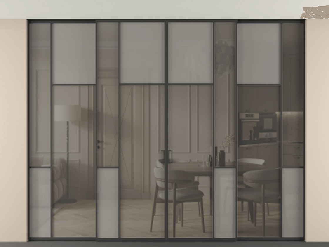 Перегородка Mosaic внутри проёма скрытое крепление в потолок 4 створки АЛПР 041.10 Алюминий Черный Сатинированное серое стекло, триплекс, 6 мм + Прозрачное серое стекло, триплекс Цена 602850 ₽ | Volhovec