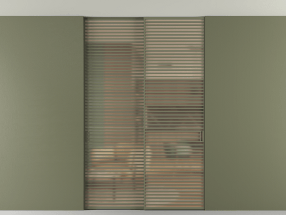 Перегородка Formato внутри проёма двустворчатая со скрытым креплением в потолок АЛПР 040.07 Алюминий оливковый тёмный Сатинированное оранжевое стекло, триплекс, 6мм Цена 424550 ₽ | Volhovec