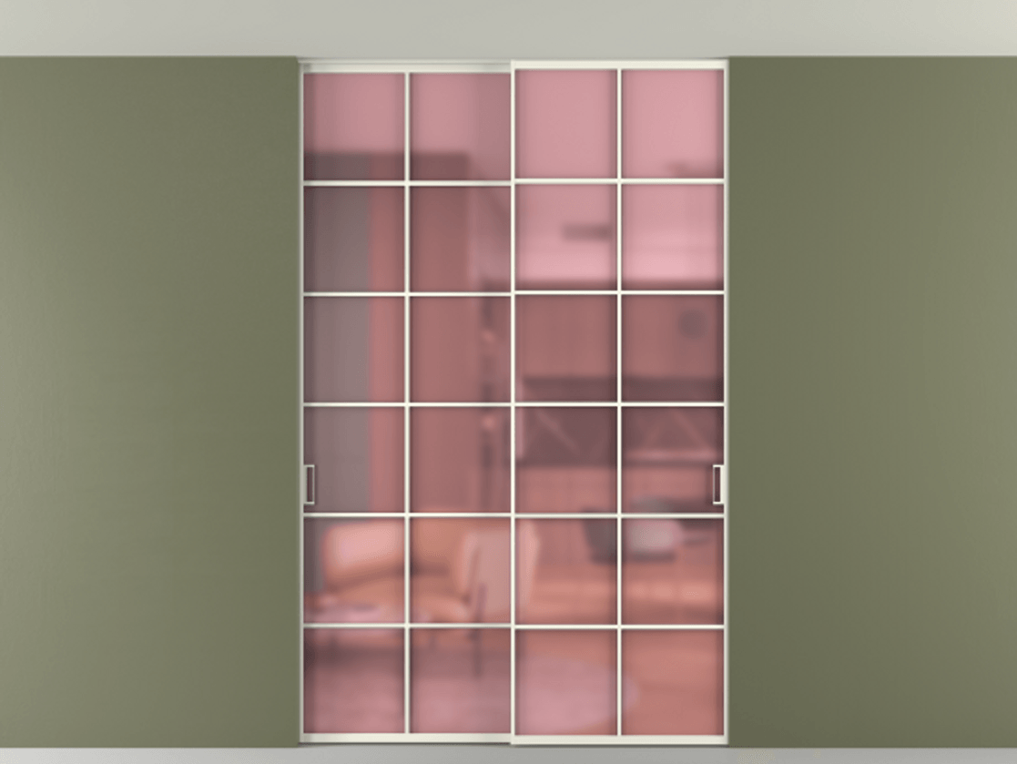 Перегородка Formato внутри проёма скрытое крепление в потолок 2 створки АЛПР 040.05 Алюминий жемчужный Сатинированное розовое стекло, триплекс Цена 283710 ₽ | Volhovec