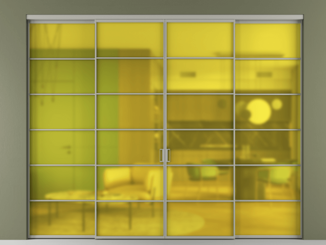 Перегородка Formato внутри проёма четырёхстворчатая АЛПР 040.04 Алюминий нейтральный серый Сатинированное жёлтое стекло, триплекс, 6мм.  Цена 358410 ₽ 1. Полотно 4 шт.  (800/2100 мм)
2. Комплект установки раздвижной системы
3. Базовый комплект фурнитуры
4.Ручка RONDO. Фабрика дверей Волховец 8 (800) 551 43 19  Перегородка Formato внутри проёма четырёхстворчатая АЛПР 040.04 Алюминий нейтральный серый Сатинированное жёлтое стекло, триплекс, 6мм Цена 358410 ₽  | Volhovec