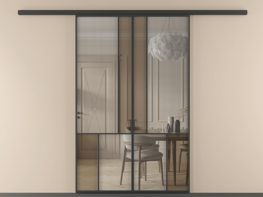 Перегородка Mosaic вдоль стены двустворчатая АЛПР 041.20 Алюминий Черный Mesh silver + Бронза прозрачное триплекс Цена 264140 ₽ | Volhovec