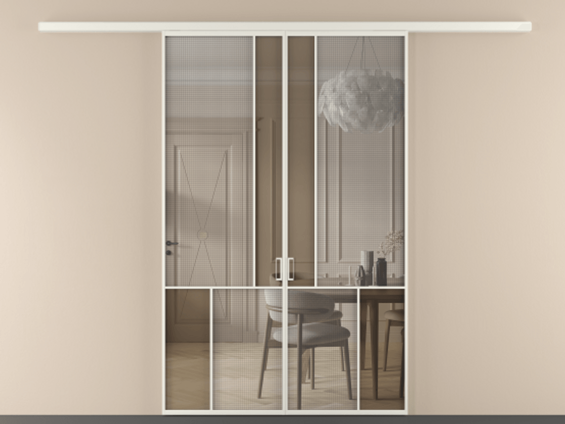 Перегородка Mosaic вдоль стены двустворчатая АЛПР 041.20 Алюминий Белый Декоративное стекло с сеткой "Mesh silver", триплекс, 6 мм + Прозрачное бронзовое стекло, триплекс, 6 мм. Скрытый короб БЕЛ Цена 264140 ₽ . Фабрика дверей Волховец 8 (800) 551 43 19  Перегородка Mosaic вдоль стены двустворчатая АЛПР 041.20 Алюминий Белый Декоративное стекло с сеткой "Mesh silver", триплекс, 6 мм + Прозрачное бронзовое стекло, триплекс, 6 мм Цена 264140 ₽ | Volhovec