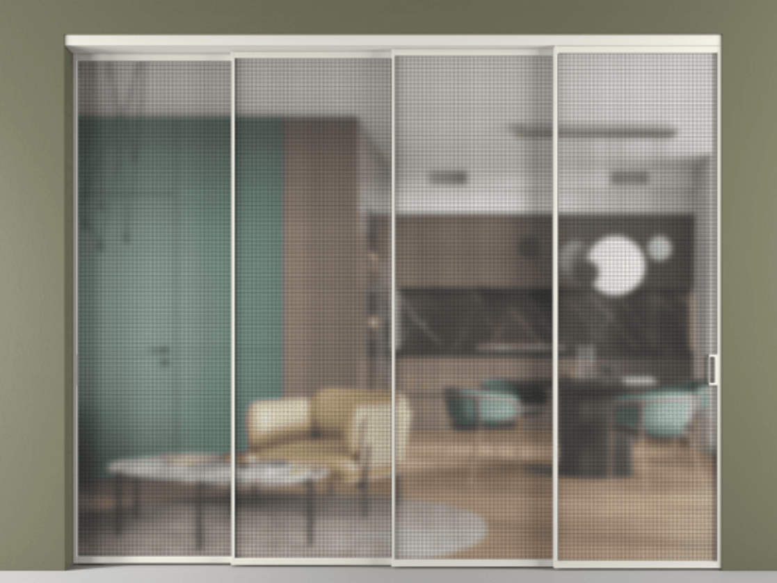 Перегородка Formato внутри проёма телескопик синхро 3 АЛПР 040.01 Алюминий Белый Декоративное стекло с сеткой "Mesh silver", триплекс, 6 мм. Скрытый короб БЕЛ Цена 448040 ₽ 1. Полотно 4 шт.  (800/2100 мм)
2. Комплект установки раздвижной системы
3. Базовый комплект фурнитуры
4. Комплект фурнитуры телескопик синхро-3
5. Ручка RONDO
. Фабрика дверей Волховец 8 (800) 551 43 19  Перегородка Formato внутри проёма телескопик синхро 3 АЛПР 040.01 Алюминий Белый Декоративное стекло с сеткой "Mesh silver", триплекс, 6 мм Цена 448040 ₽ | Volhovec