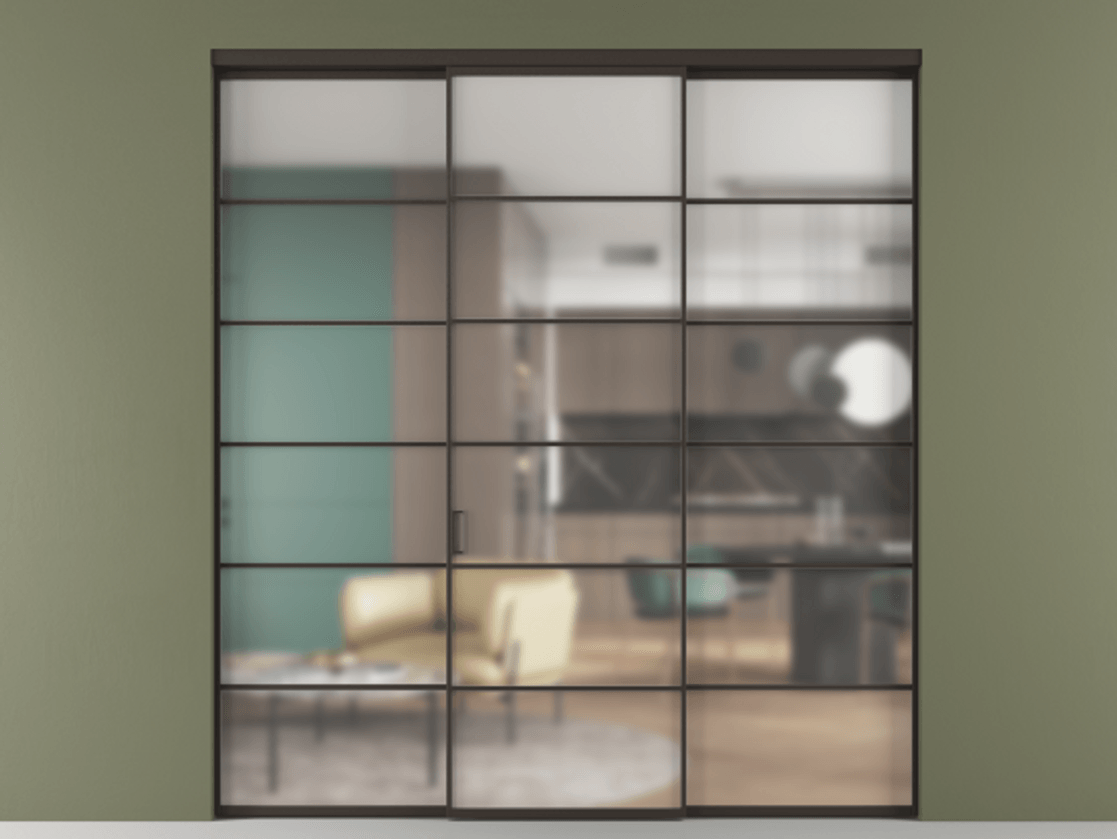 Перегородка Formato внутри проёма 3 створки АЛПР 040.04 Алюминий антрацит Сатинированное стекло "Matelux Crystal Vision", калёное, матовое, каленое 6 мм Цена 358050 ₽ | Volhovec