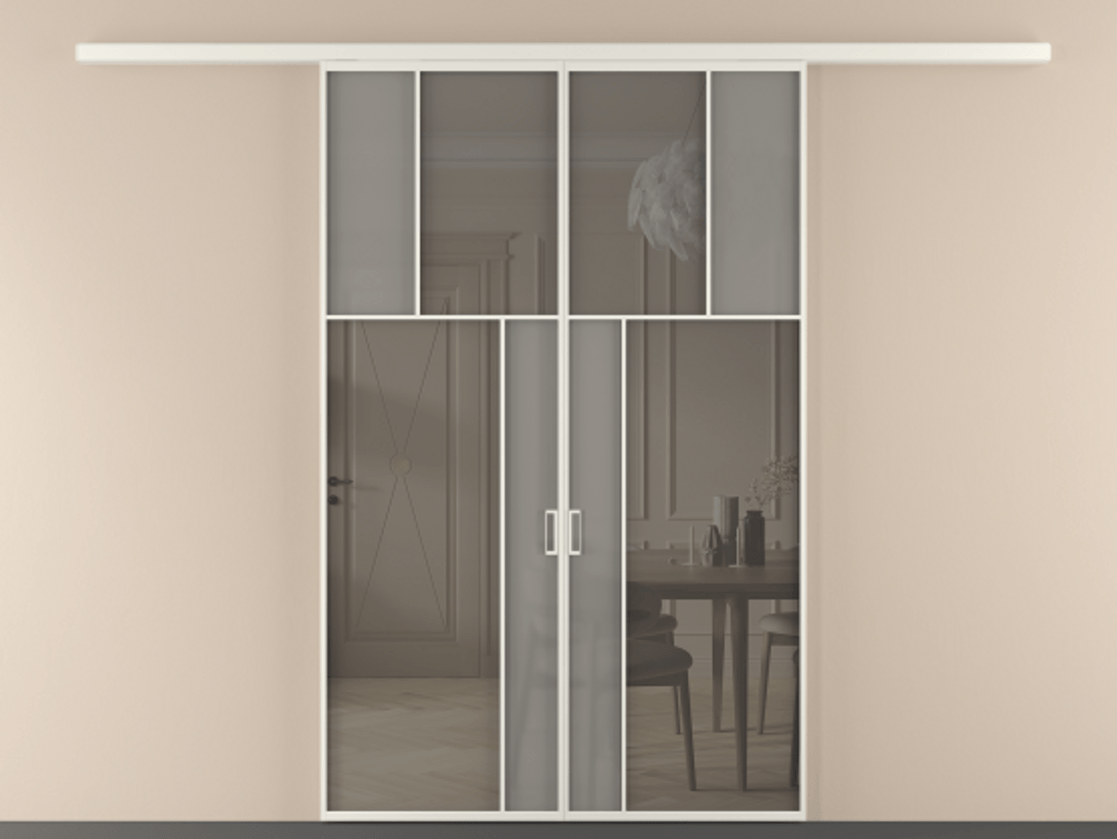 Перегородка Mosaic вдоль стены двустворчатая АЛПР 041.22 Алюминий Белый Сатинированное серое стекло, триплекс, 6 мм + Прозрачное серое стекло, триплекс, 6 мм. Скрытый короб БЕЛ Цена 251540 ₽ . Фабрика дверей Волховец 8 (800) 551 43 19  Перегородка Mosaic вдоль стены двустворчатая АЛПР 041.22 Алюминий Белый Сатинированное серое стекло, триплекс, 6 мм + Прозрачное серое стекло, триплекс, 6 мм Цена 251540 ₽ | Volhovec