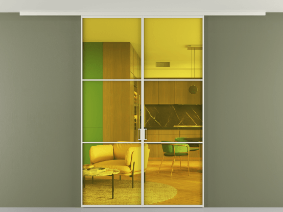 Алюминевая перегородка АЛПР 040.03_БЕЛ_ПРОЗ ЖЕЛ_new. Цвет Алюминий Белый. Материал Алюминий. Коллекция Перегородка Формато вдоль стены на потолок 2 створки. Картинка.