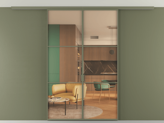 Алюминевая перегородка АЛПР 040.03_АОТ_ПРОЗ ОРАНЖ_new. Цвет Алюминий оливковый тёмный. Материал Алюминий в эмали. Коллекция Перегородка Формато вдоль стены на потолок 2 створки. Картинка.