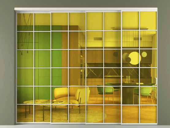 Алюминевая перегородка АЛПР 040.05_БЕЛ_ПРОЗ ЖЕЛ_new. Цвет Алюминий Белый. Материал Алюминий. Коллекция Перегородка Formato внутри проёма 4 створки с синхронным механизмом. Картинка.