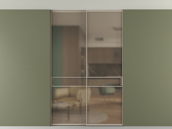 Алюминевая перегородка АЛПР 040.02_АБСК_Бронза сатин триплекс_new. Цвет Алюминий бисквитный. Материал Алюминий в эмали. Коллекция Перегородка Формато внутри проёма скрытое крепление в потолок 2 створки. Картинка.