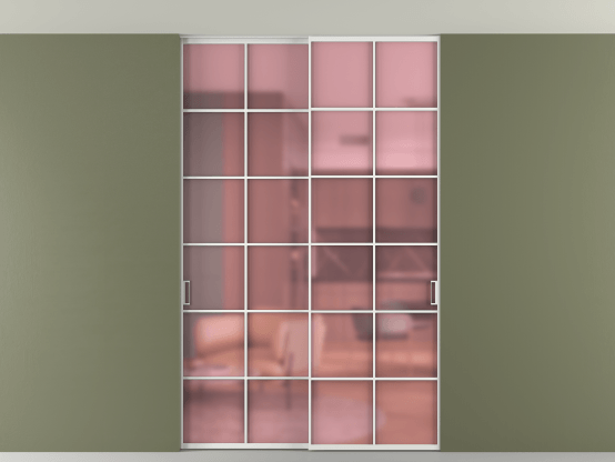 Алюминевая перегородка АЛПР 040.05_АБЛ_САТ РОЗ_new. Цвет Алюминий белоснежный. Материал Алюминий в эмали. Коллекция Перегородка Formato внутри проёма скрытое крепление в потолок 2 створки. Картинка.